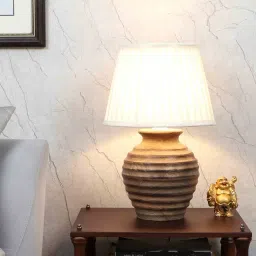 tu casa Off White Satin Shade Table Lamp With Mango Wood Base image 1
