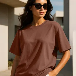 juneberry Oversized Women Solid Round Neck Pure Cotton Brown T-Shirt-picture-31