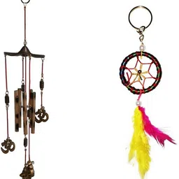 vyne Combo Of Om 5 Pipes WInd Chime & Multi Color Dream Catcher Key Chain Wool Windchime-picture-24