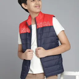 Nautica Boys Navy Blue & Red Colourblocked Mock Collar Sleeveless Padded Jacket-picture-28