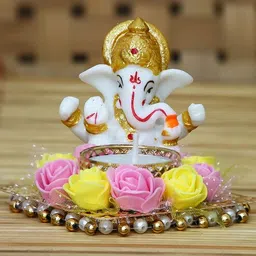 Pink Metal Lord Ganesha Idol on Decorative Plate with Tea Light Holder by eCraftIndia-picture-15