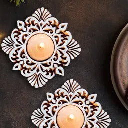 Peepul Tree White & Brown Square Hand Engraved Wood Tealight Holder-image-17