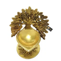 Two Moustaches Gold Toned Brass Diya Under Bodhi Tree image 2