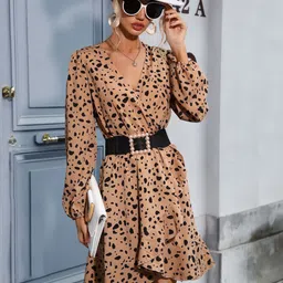 StyleCast Khaki Animal Printed Puff Sleeve Wrap Dress image 1