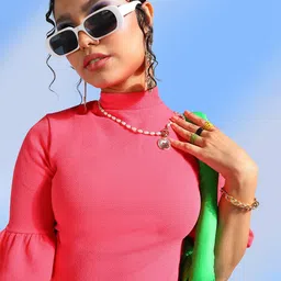 Veni Vidi Vici Coral High Neck Bell Sleeves Fitted Top-picture-15