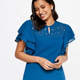 AND Embellished Sequinned Keyhole Neck Flutter Sleeve Top-picture-39