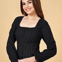 People Self Design Square Neck Puff Sleeve Cinched Waist Regular Top image 3