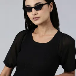 SHOWOFF Round Neck Puff Sleeve Acrylic Crop Top-picture-24