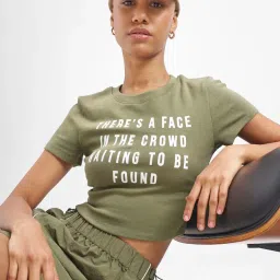 TOKYO TALKIES Women Olive Typography Chest Printed Rib Crop T-Shirt-picture-41