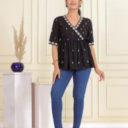 shree shyam fashion Party Regular Sleeves Printed Women Black Top image 2