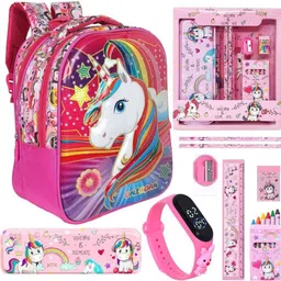 prezzie villa 9pcs Unicorn Backpack Watch, Box, Pencil, Eraser, Ruler Sharpener, Crayons Combo Waterproof Backpack-picture-20