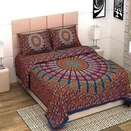 UNIQCHOICE Blue & Brown Ethnic Motifs Cotton 144 TC King Bedsheet with 2 Pillow Covers-image-35