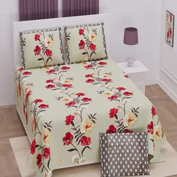 UNIQCHOICE Sea Green & Red Floral Pure Cotton 250 TC King Bedsheet with 2 Pillow Covers-image-71