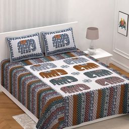 UNIQCHOICE White & Blue Ethnic Motifs Pure Cotton 210 TC King Bedsheet & 2 Pillow Covers-picture-2