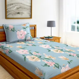 AEROHAVEN Yamuna Blue & Pink Floral Printed 240 TC Cotton Single Bedsheet & 1 Pillow Cover-image-66