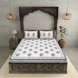 BED-SHEET.COM Blue & White Floral 250 TC Cotton King Bedsheet with 2 Pillow Covers image 1