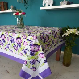 TARA- Sparkling Homes White & Purple Floral Printed Pure Cotton 6 Seater Table Cover-picture-19