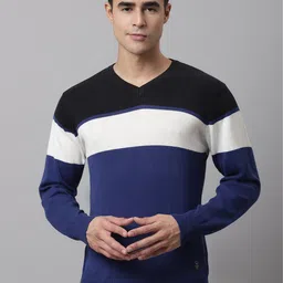 Cantabil Men Blue & White Colourblocked Colourblocked Cotton Pullover-image-39