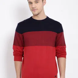 t-base Men Red & Navy Blue Colourblocked Cotton Pullover-picture-16
