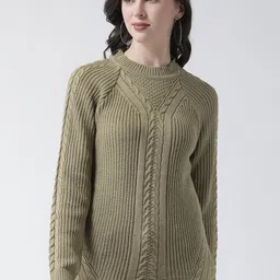 Club York Women Olive Green Cable Knit Acrylic Pullover-picture-18