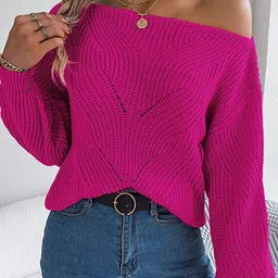 StyleCast Fuchsia Cable Knit Off shoulder Acrylic Sweater-picture-28