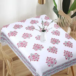 Texstylers White & Red Floral Anti-Slip Cotton 6-Seater Table Cover-image-35