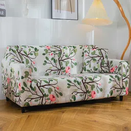 HOUSE OF QUIRK White & Green Floral Stretchable Non-Slip Sofa Cover image 3
