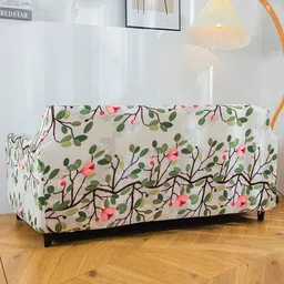 HOUSE OF QUIRK White & Green Floral Stretchable Non-Slip Sofa Cover image 5