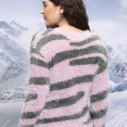 Tokyo Talkies Purple Striped Jacquard Fur Acrylic Relaxed Fit Pullover Sweater image 3