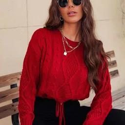 StyleCast Red Cable Knit Self Design Crop Pullover image 2