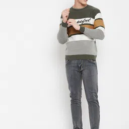 Duke Men Grey & Navy Blue Striped Pullover image 2