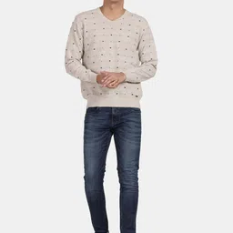 t-base Geometric Printed V-Neck Woollen Pullover Sweater image 3