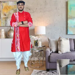 gouri collections Men Pure Cotton, Dupion Silk Kurta Dhoti Pant Set image 4