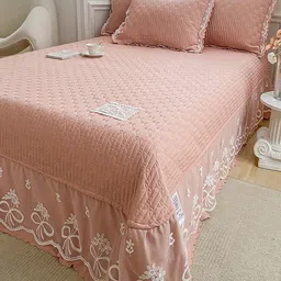 JC HOME Pink Embroidered 162 TC Double Queen Bed Cover With Pillow Covers-picture-11