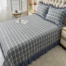 JC HOME Blue Checked 162 TC Double Bed Cover With 2 Pillow Covers-picture-26