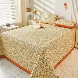 JC HOME Beige & Orange Printed Double Queen Bed Cover With 2 Pillow Covers-image-63