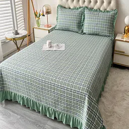 JC HOME Green & White Checked 162 GSM Queen Bed Cover With Pillow Covers-picture-27