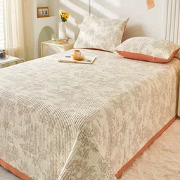 JC HOME Peach Coloured & Beige Floral Printed Double King Bed Cover & Pillow Covers-picture-31