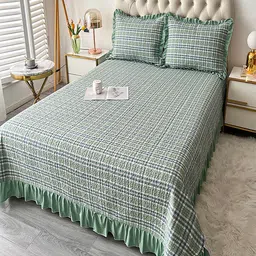 JC HOME Green & White Checked 160 GSM Superking Bed Cover With 2 Pillow Covers-picture-35