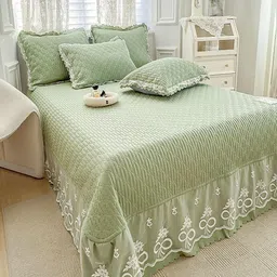 JC HOME Green Quilted 162 TC Double King Bed Cover With 2 Pillow Covers-picture-28