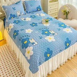 JC HOME Blue White Printed 162 GSM Queen Bed Cover With 2 Pillow Covers-picture-28