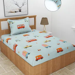 BREVARD Blue Cartoon Characters Polycotton Fitted 180 TC Single Bedsheet & 1 Pillow Cover-image-0