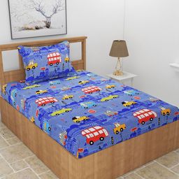 MORADO Blue & Red Conversational 210 TC Single Bedsheet with 1 Pillow Covers-picture-15