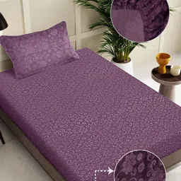 FABINALIV Purple Floral 300 TC Fitted Single Bedsheet with 1 Pillow Cover-image-1
