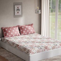 DDecor White & Mauve Floral 140 TC Cotton Queen Bedsheet with 2 Pillow Covers-picture-13