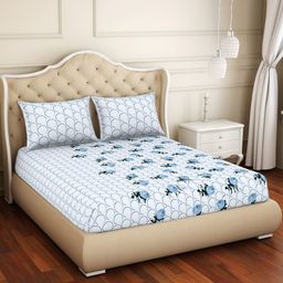 SPACES White & Blue Anti Bacterial Pure Cotton 144 TC Queen Bedsheet with 2 Pillow Covers-image-1