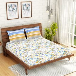 SPACES Atrium White & Blue Floral 144 TC Cotton Queen Bedsheet with 2 Pillow Covers-picture-8