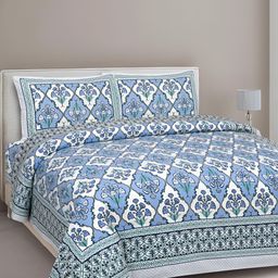Texstylers Blue Floral cotton 144 TC Queen Bedsheet with 2 Pillow Covers-picture-0