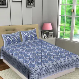 Texstylers Blue Floral Cotton 144 TC Queen Bedsheet with 2 Pillow Covers-image-55