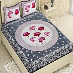 Runjhun Pink & Grey Floral Printed 180 TC Cotton Queen Bedsheet with 2 Pillow Covers-picture-11